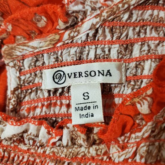 Versona Paisley Floral Smocked Ruffle Trim Tiered Maxi Dress Size S Boho Orange - Picture 12 of 14